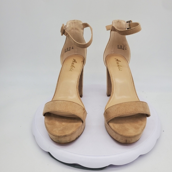 Ankis Shoe Women 7.5 Chunky Platforms 4 Inch Block Heels Nude Suede - Picture 2 of 8